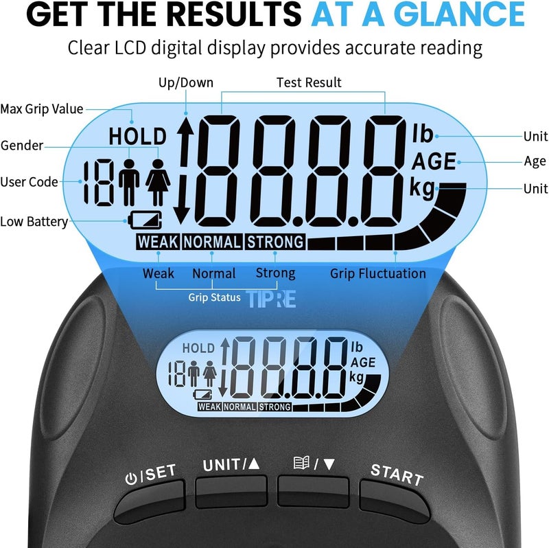 TIPRE 396lbs/180kg Grip Strength Tester, Hand Grip Dynamometer, Digital Grip Strength Tester with LCD Display, Adjustable Hand Grip Training Gauge, Hand Grip Testing for Sports Home School Use - Image 3